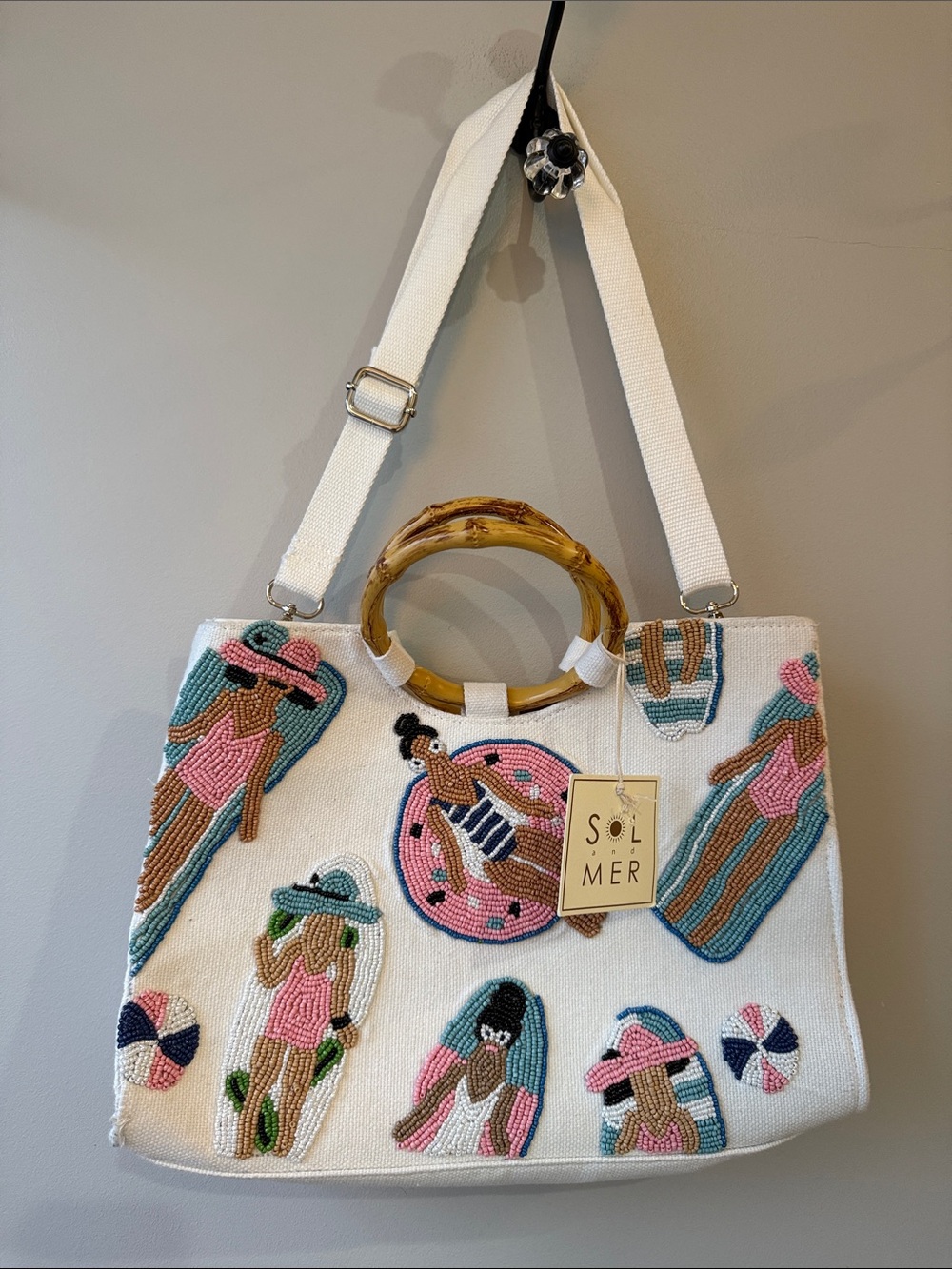 Sol-Mer White Beaded Summer Tote with Bamboo Handles